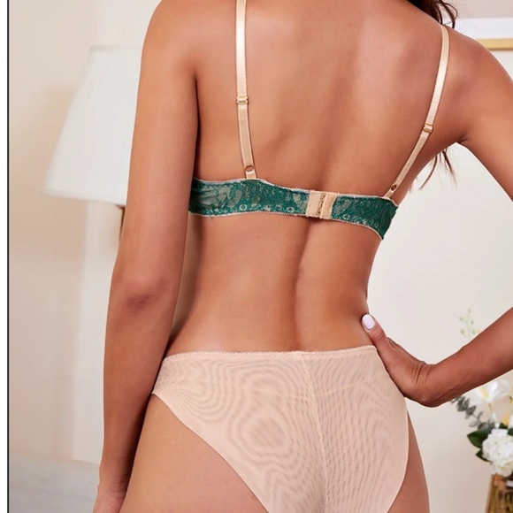 Bra & Panties Set NEW Eyelash Lace Overlay Teal Green Over Nude Mesh Luxurious - Picture 5 of 17